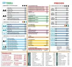 Listado de tarifas de la copisteria
