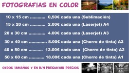 Listado de tarifas de fotografías